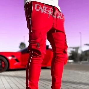 Men's Red Cargo Jogger Pants with Zip Accents